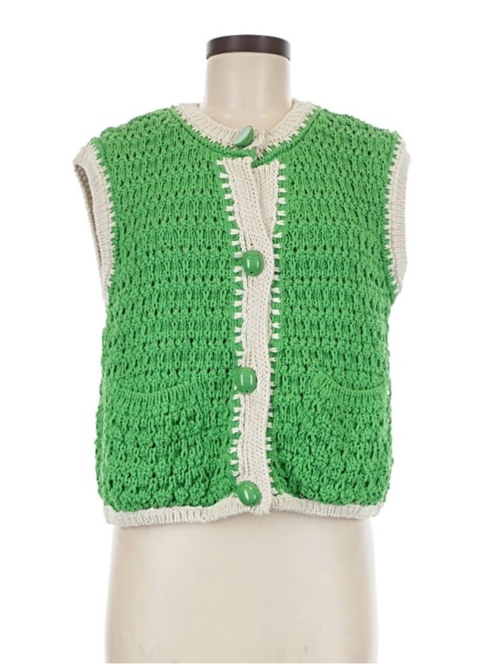 Zara Bright Green Crochet Vest with Cream Trim